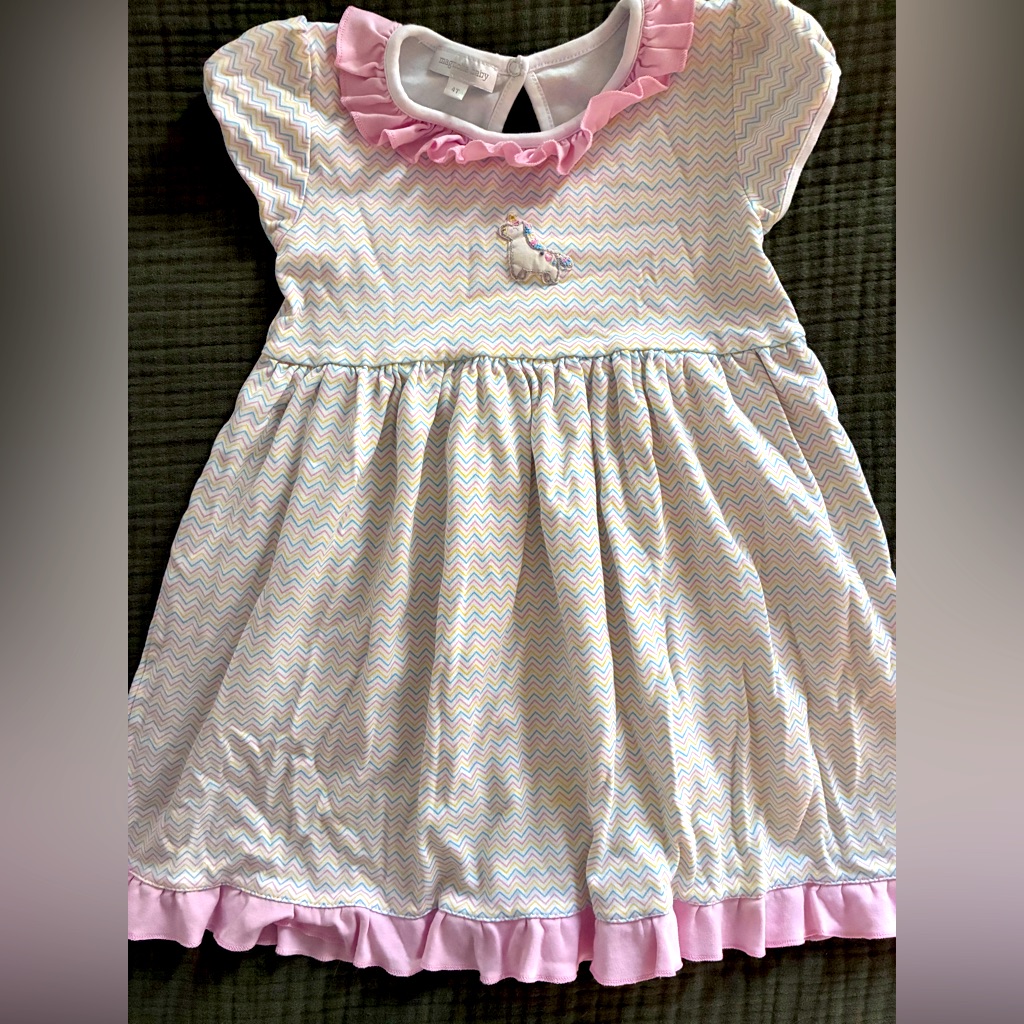 Magnolia Baby Infant Pink Ruffle Collar Chevron Unicorn Dress